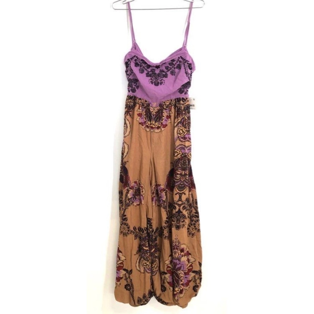 Free People Purple Tan Embroidered Wide Leg Jumpsuit Boho Festival Sz S NWT - Picture 2 of 9